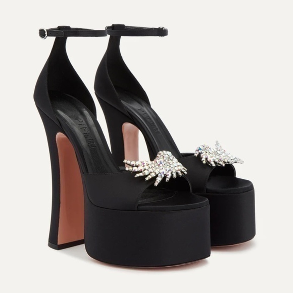 PIFERI Rosalia 165mm Crystal-Embellished Black Satin Platform Sandals